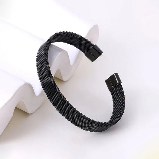 Black Silver Plated Stainless Steel Anti Tarnish Mesh Statement Cuff Bracelet For Men