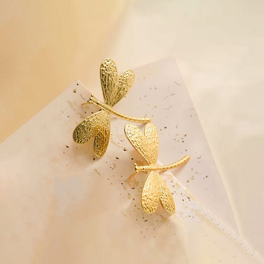 Gold-Plated Anti Tarnish Stainless Steel Dragonfly themed Stud Earrings