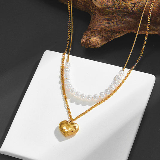 Gold Plated Anti Tarnish Stainless Steel Heart Themed Pearl Studded Pendant