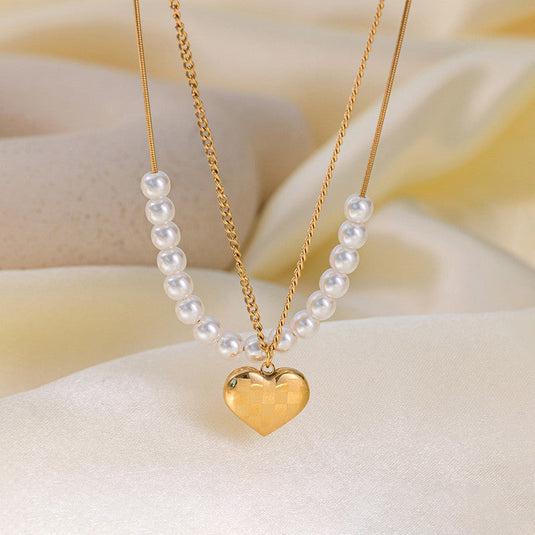 Gold Plated Anti Tarnish Stainless Steel Heart Themed Pearl Studded Pendant