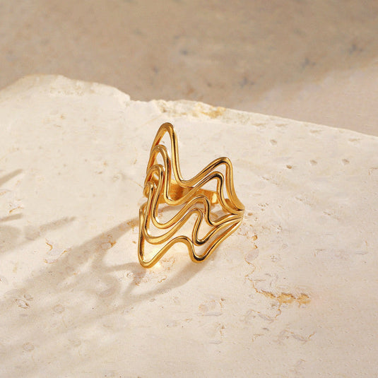 Gold Plated Anti Tarnish Stainless Steel Wave Style Contemporary Ring