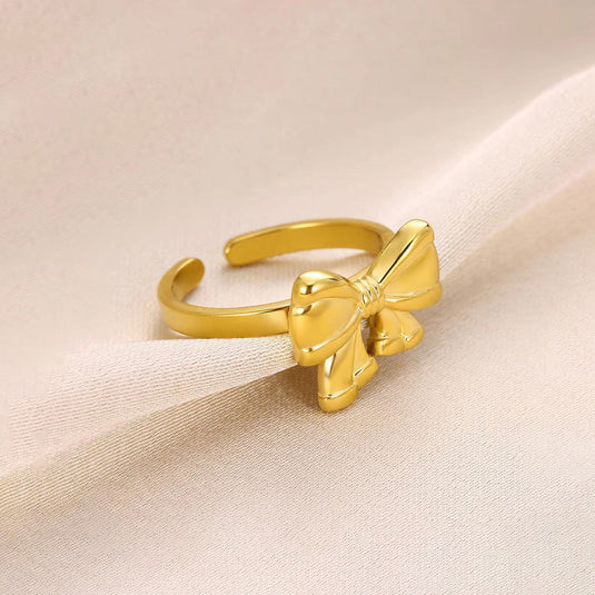 Gold Plated Stainless Steel Anti Tarnish Bow Themed Adjustable Finger Ring For Women