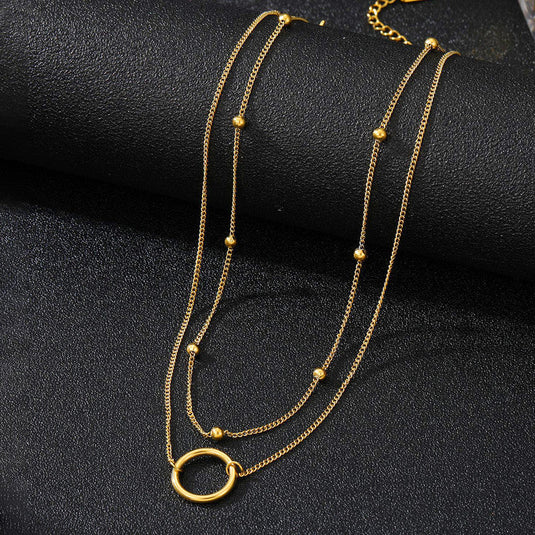 Gold Plated Stainless Steel Anti Tarnish Dual Layered Chain Hoop Pendant Necklace
