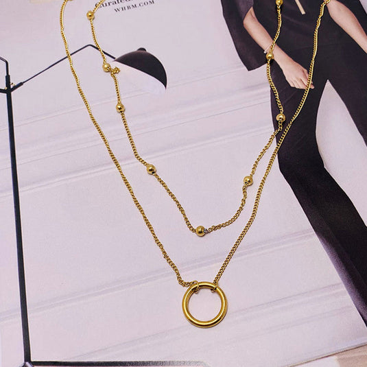 Gold Plated Stainless Steel Anti Tarnish Dual Layered Chain Hoop Pendant Necklace