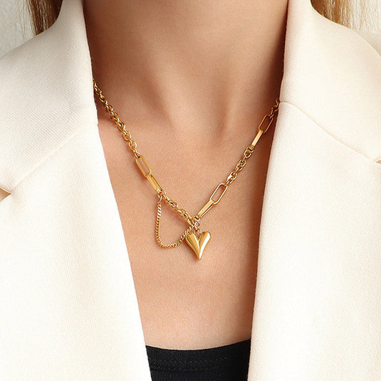 Gold Plated Stainless Steel Anti Tarnish Heart Themed Rope Chain Necklace For Women