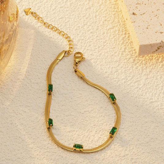 Gold Plated Stainless Steel Anti Tarnish Snake Chain Green Emerald Studded Wraparound Bracelet