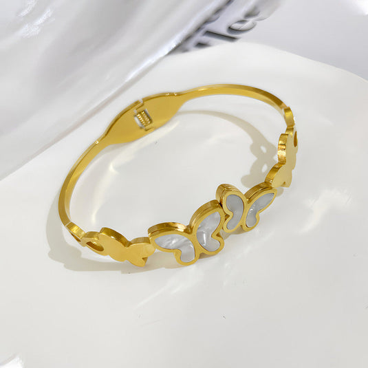 Gold Plated Stainless Steel Butterfly Themed Anti Tarnish Bangle Style Bracelet