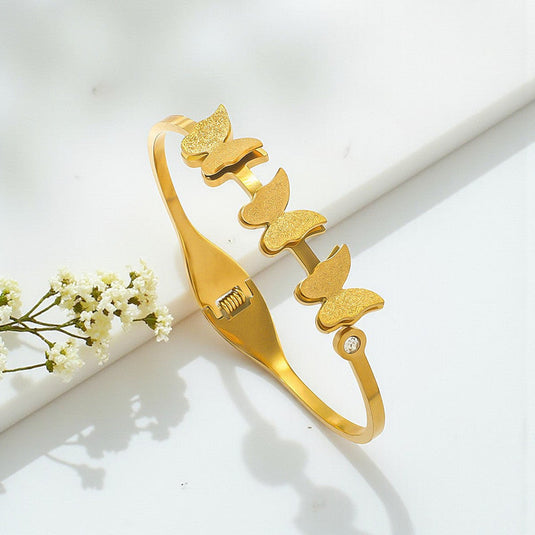 Gold Plated Stainless Steel Butterfly Themed Anti Tarnish Bangle Style Bracelet