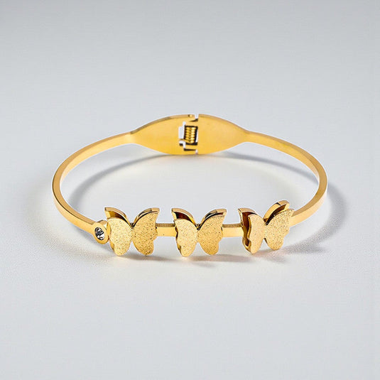 Gold Plated Stainless Steel Butterfly Themed Anti Tarnish Bangle Style Bracelet