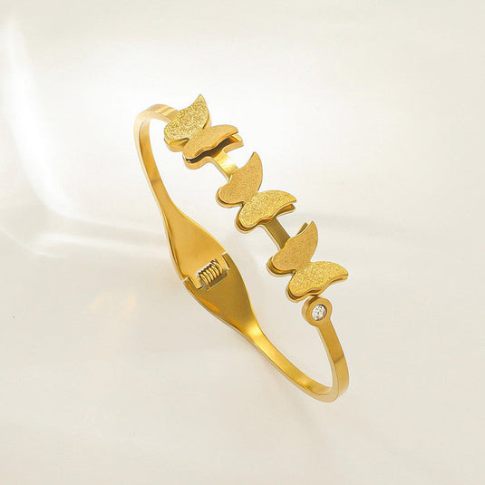 Gold Plated Stainless Steel Butterfly Themed Anti Tarnish Bangle Style Bracelet