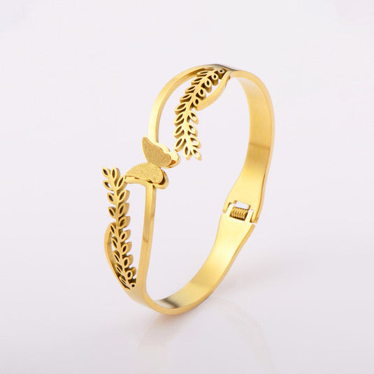 Gold Plated Stainless Steel Butterfly Themed Anti Tarnish Bangle Style Bracelet