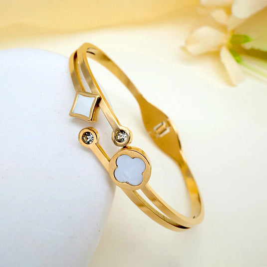 Gold Plated Stainless Steel Clover Themed Anti Tarnish Bangle Style Bracelet