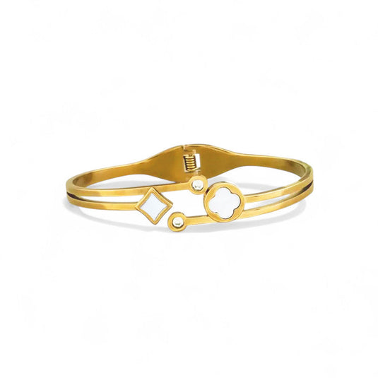 Gold Plated Stainless Steel Clover Themed Anti Tarnish Bangle Style Bracelet