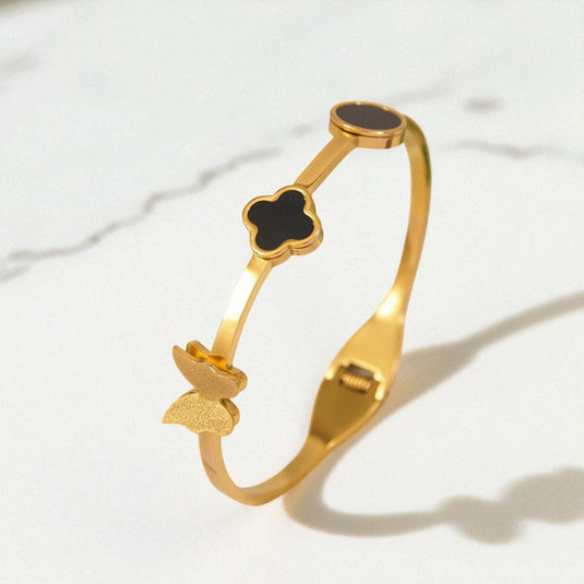 Gold Plated Stainless Steel Clover Themed Anti Tarnish Bangle Style Bracelet