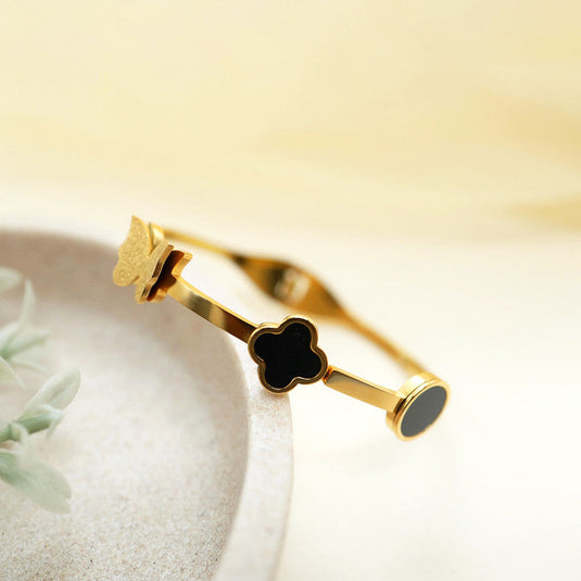 Gold Plated Stainless Steel Clover Themed Anti Tarnish Bangle Style Bracelet