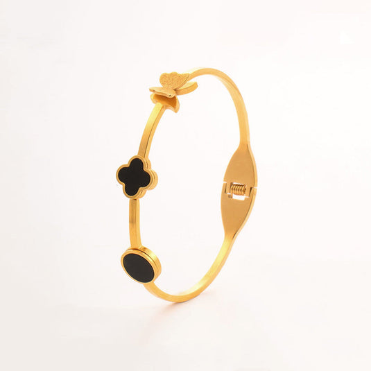 Gold Plated Stainless Steel Clover Themed Anti Tarnish Bangle Style Bracelet