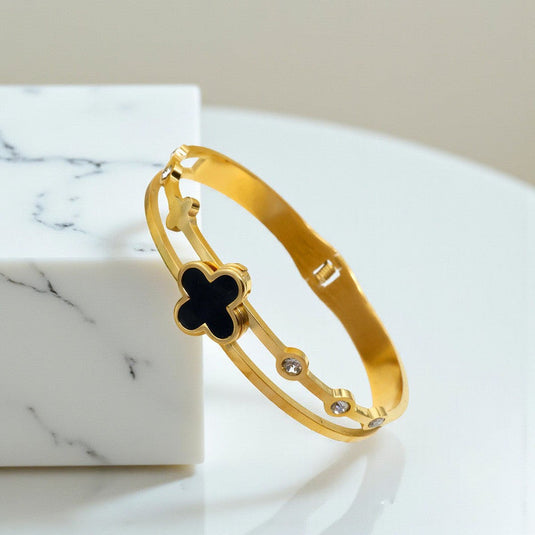Gold Plated Stainless Steel Clover Themed Anti Tarnish Bangle Style Bracelet