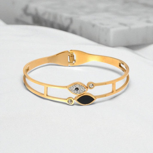 Gold Plated Stainless Steel Evil Eye Themed Anti Tarnish Bangle Style Bracelet