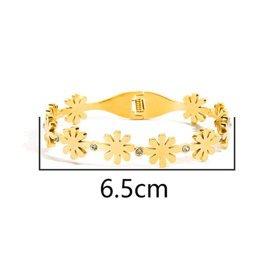 Gold Plated Stainless Steel Floral Themed Anti Tarnish Bangle Style Bracelet