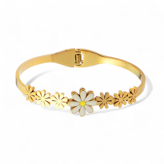Gold Plated Stainless Steel Floral Themed Anti Tarnish Bangle Style Bracelet