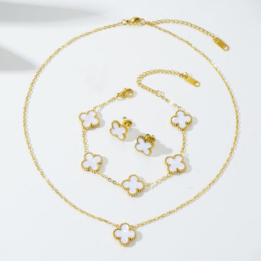 Stainless Steel Gold Plated Set Of White Anti Tarnish Clover Jewellery Set For Girls And Women