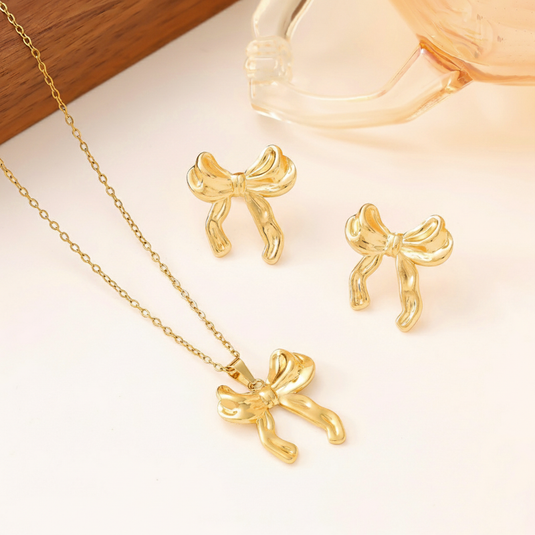 Gold Plated Anti Tarnish Bow Themed Jewellery Set For Girls Women