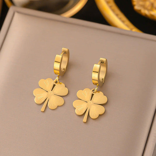 Gold Plated Anti Tarnish Stainless Steel Clover Themed Drop Earrings