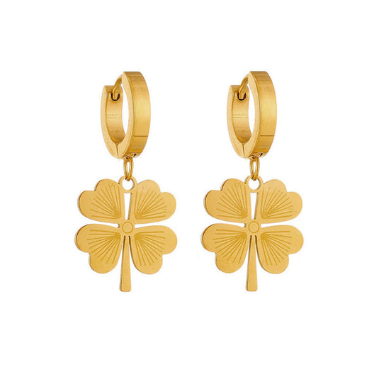 Gold Plated Anti Tarnish Stainless Steel Clover Themed Drop Earrings