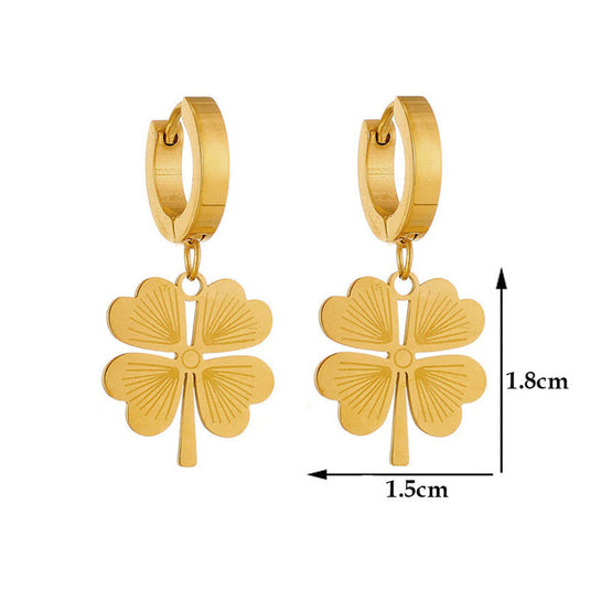 Gold Plated Anti Tarnish Stainless Steel Clover Themed Drop Earrings