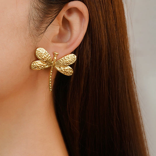 Gold-Plated Anti Tarnish Stainless Steel Dragonfly themed Stud Earrings