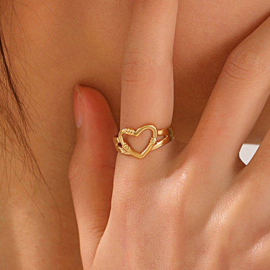 Gold Plated Anti Tarnish Stainless Steel Heart Themed Adjustable Finger Ring