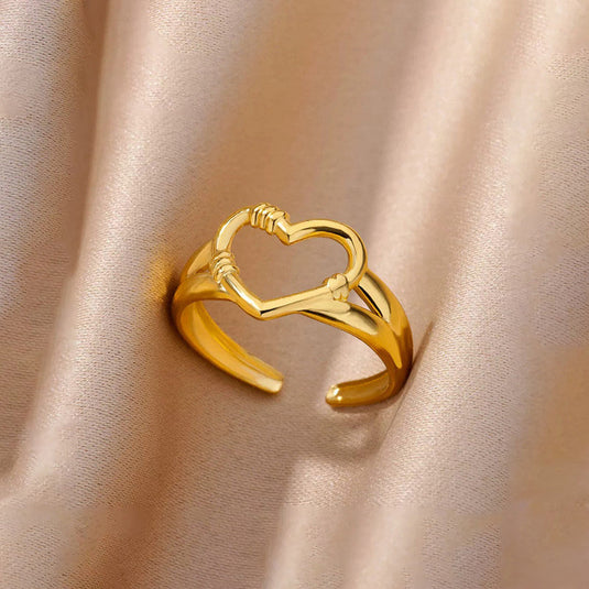 Gold Plated Anti Tarnish Stainless Steel Heart Themed Adjustable Finger Ring