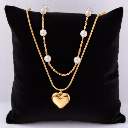 Gold Plated Anti Tarnish Stainless Steel Heart Themed Pearl Studded Pendant