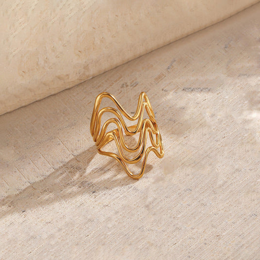 Gold Plated Anti Tarnish Stainless Steel Wave Style Contemporary Ring