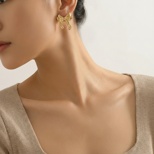 Gold Plated Bow Themed Earrings For Girls and Women