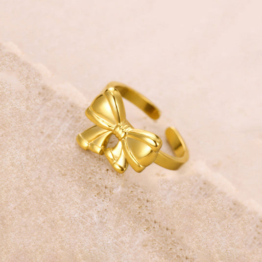 Gold Plated Stainless Steel Anti Tarnish Bow Themed Adjustable Finger Ring For Women