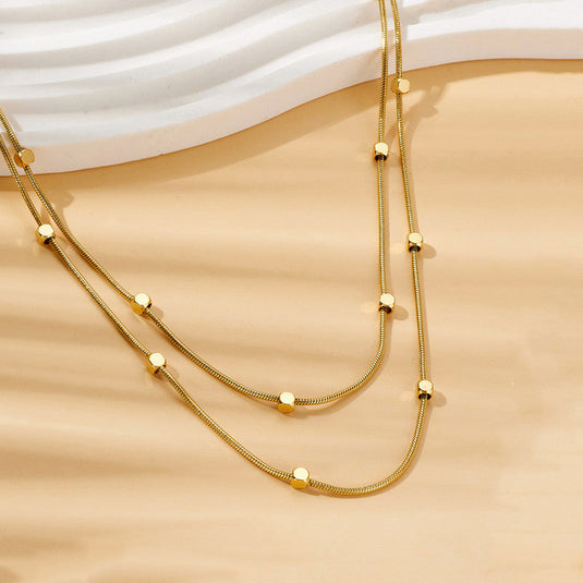 Gold Plated Stainless Steel Anti-Tarnish Geometric Dual Strand Necklace