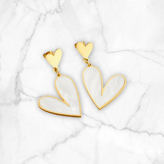 Gold Plated Stainless Steel Anti Tarnish Heart Themed Drop Earrings For Women