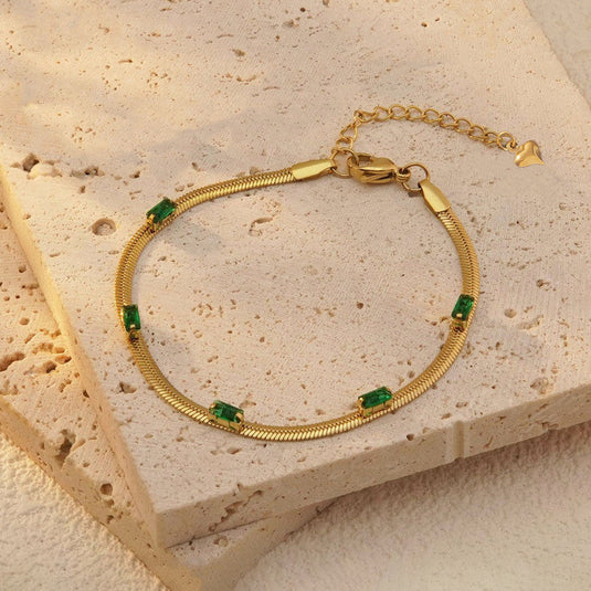 Gold Plated Stainless Steel Anti Tarnish Snake Chain Green Emerald Studded Wraparound Bracelet
