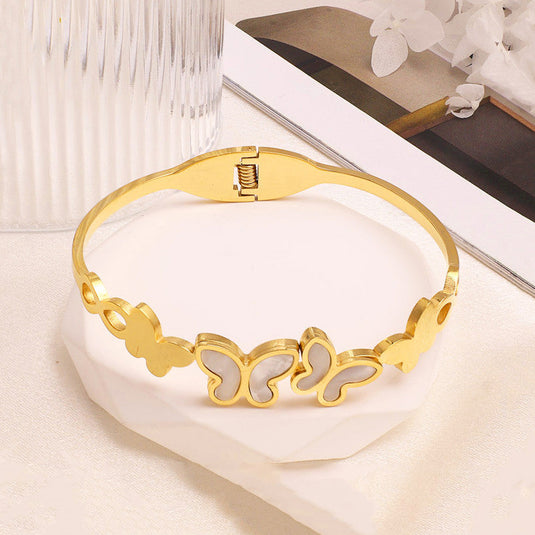 Gold Plated Stainless Steel Butterfly Themed Anti Tarnish Bangle Style Bracelet