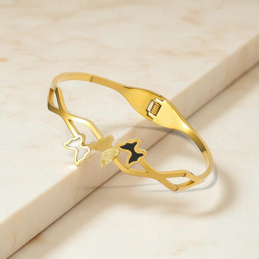 Gold Plated Stainless Steel Butterfly Themed Anti Tarnish Bangle Style Bracelet