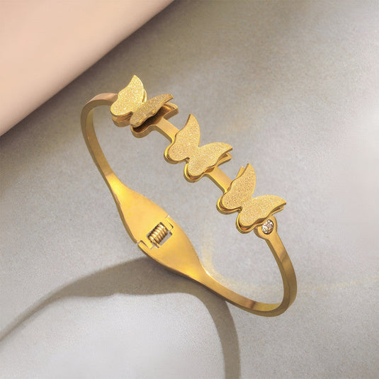 Gold Plated Stainless Steel Butterfly Themed Anti Tarnish Bangle Style Bracelet