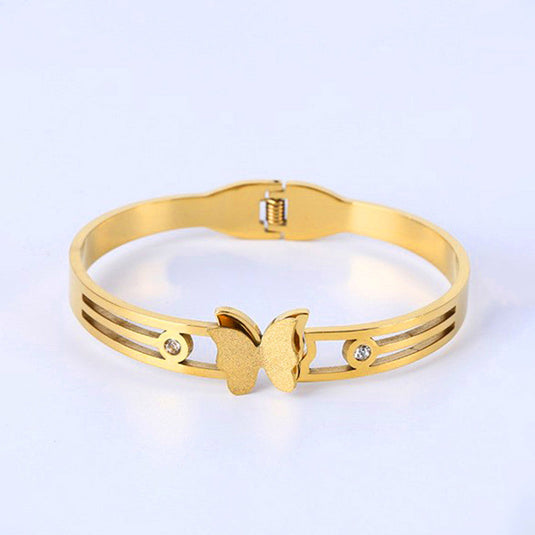 Gold Plated Stainless Steel Butterfly Themed Anti Tarnish Bangle Style Bracelet