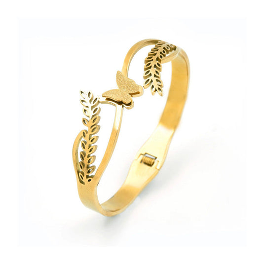 Gold Plated Stainless Steel Butterfly Themed Anti Tarnish Bangle Style Bracelet