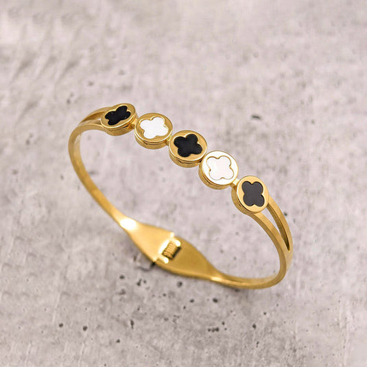 Gold Plated Stainless Steel Clover Themed Anti Tarnish Bangle Style Bracelet