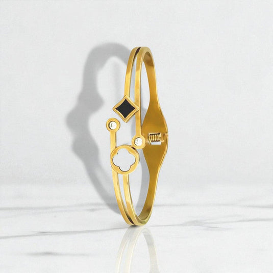 Gold Plated Stainless Steel Clover Themed Anti Tarnish Bangle Style Bracelet