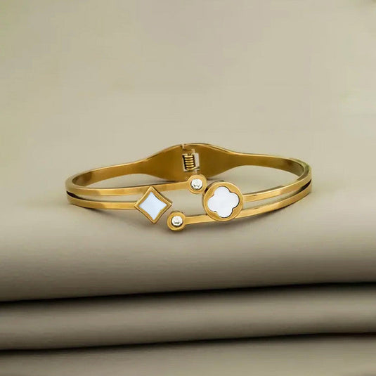 Gold Plated Stainless Steel Clover Themed Anti Tarnish Bangle Style Bracelet