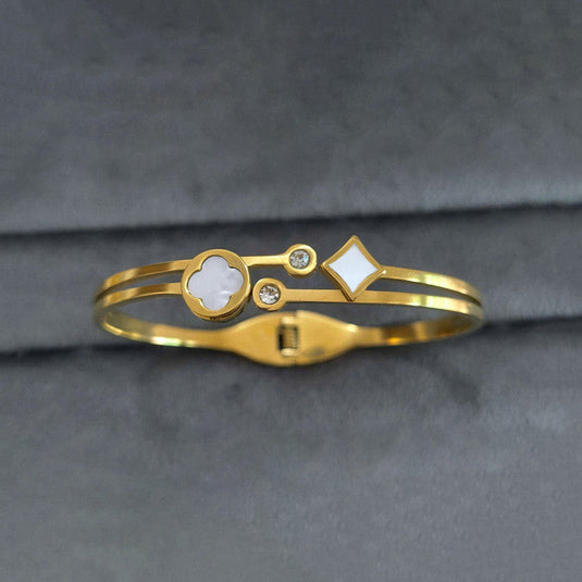 Gold Plated Stainless Steel Clover Themed Anti Tarnish Bangle Style Bracelet