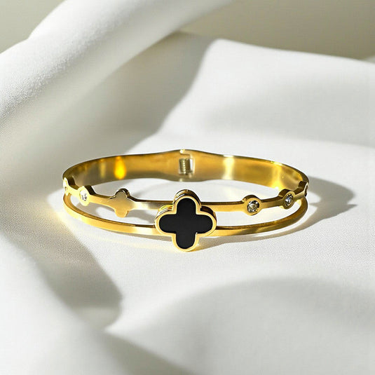 Gold Plated Stainless Steel Clover Themed Anti Tarnish Bangle Style Bracelet