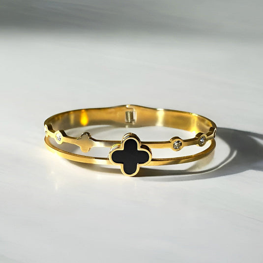 Gold Plated Stainless Steel Clover Themed Anti Tarnish Bangle Style Bracelet